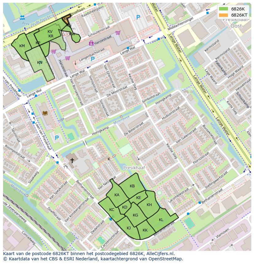 Afbeelding van het postcodegebied 6826 KT op de kaart.