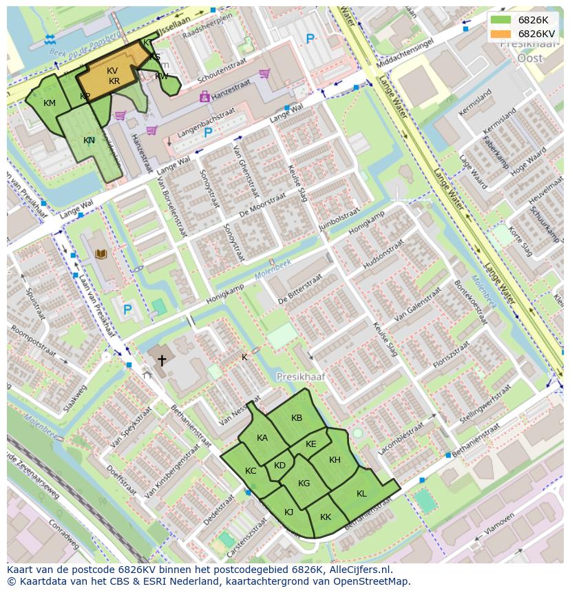 Afbeelding van het postcodegebied 6826 KV op de kaart.