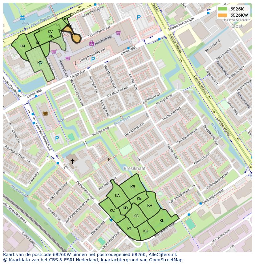 Afbeelding van het postcodegebied 6826 KW op de kaart.