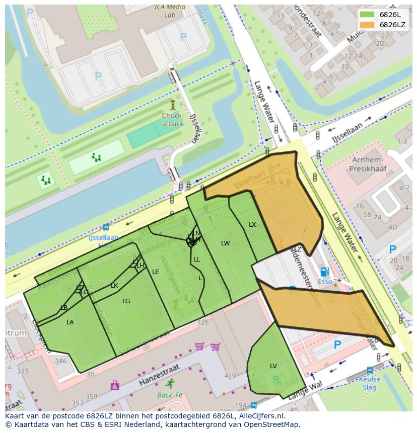 Afbeelding van het postcodegebied 6826 LZ op de kaart.
