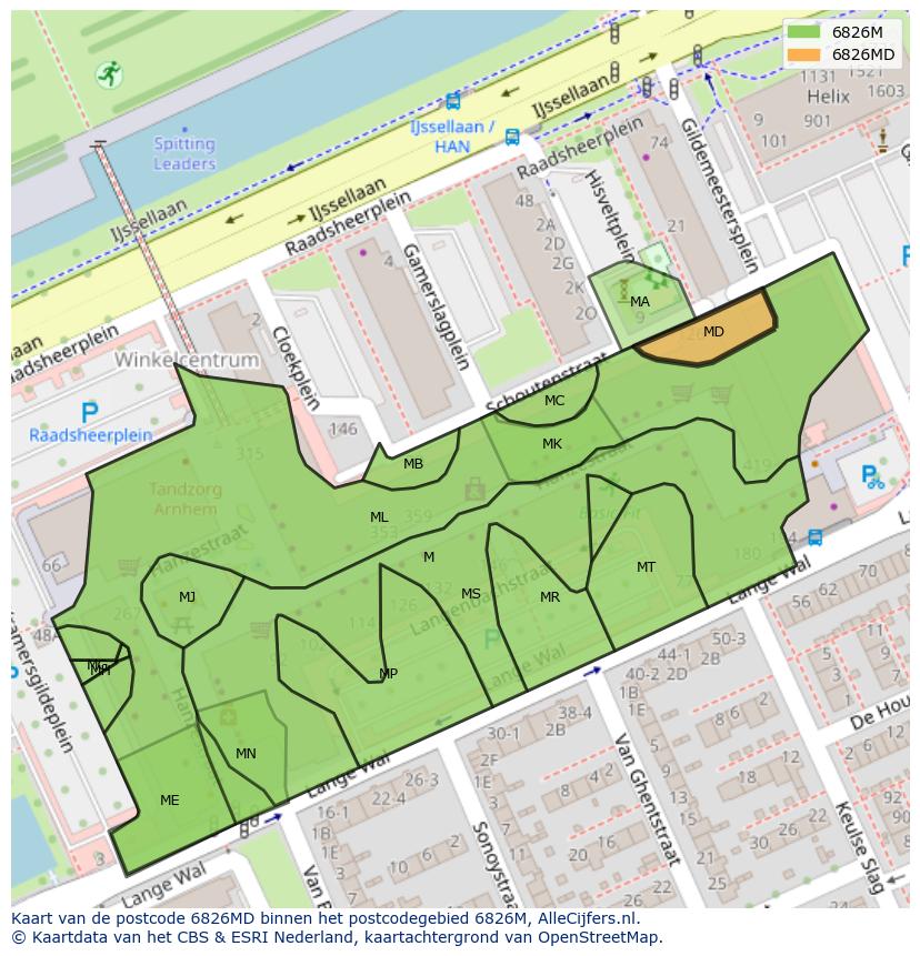 Afbeelding van het postcodegebied 6826 MD op de kaart.