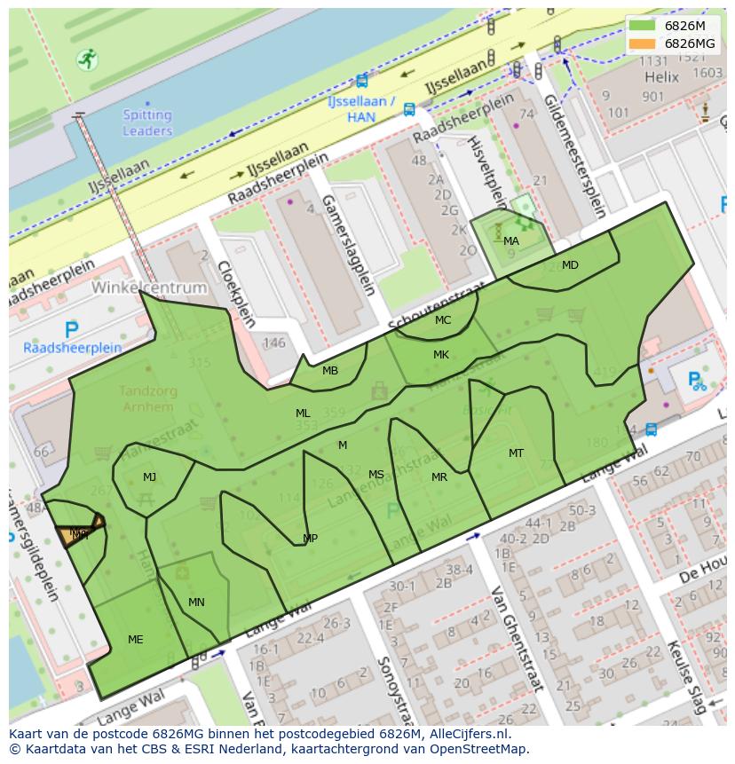 Afbeelding van het postcodegebied 6826 MG op de kaart.