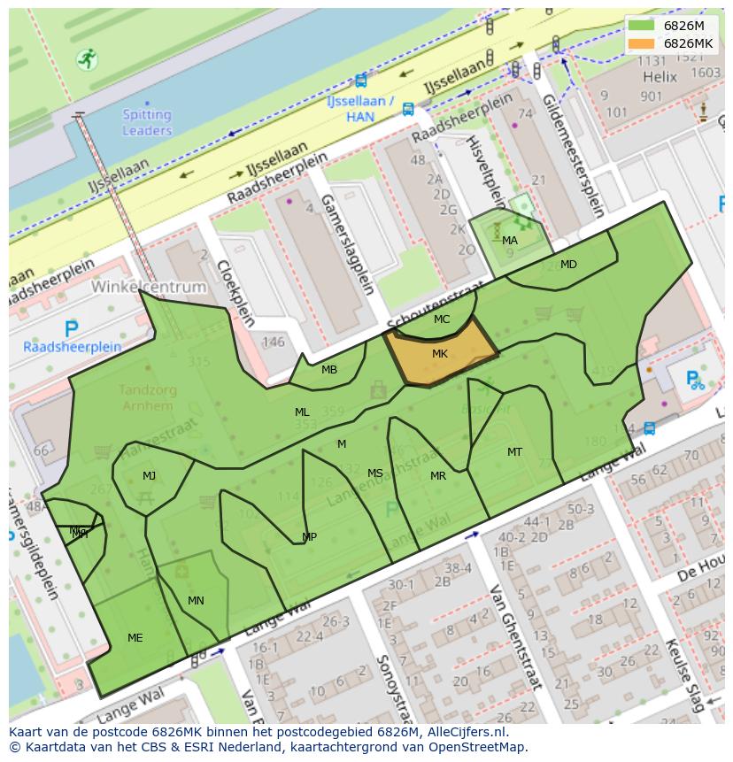 Afbeelding van het postcodegebied 6826 MK op de kaart.