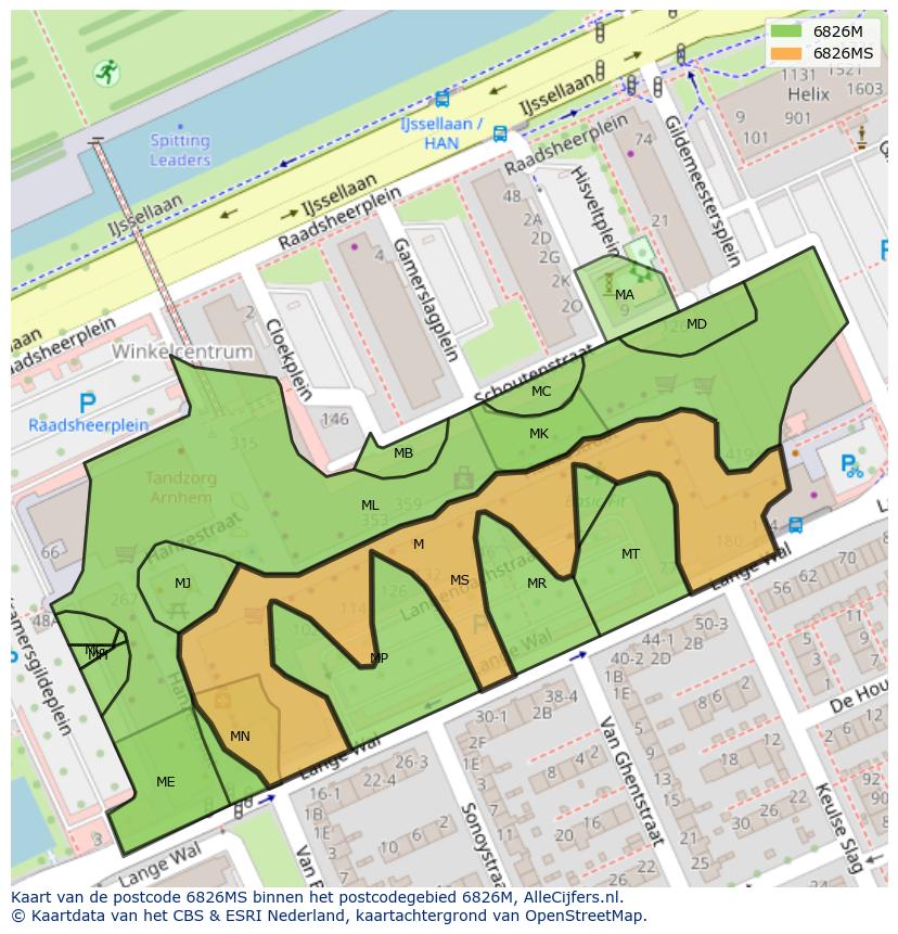 Afbeelding van het postcodegebied 6826 MS op de kaart.