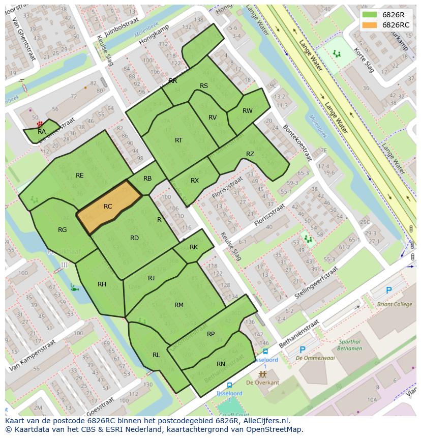 Afbeelding van het postcodegebied 6826 RC op de kaart.