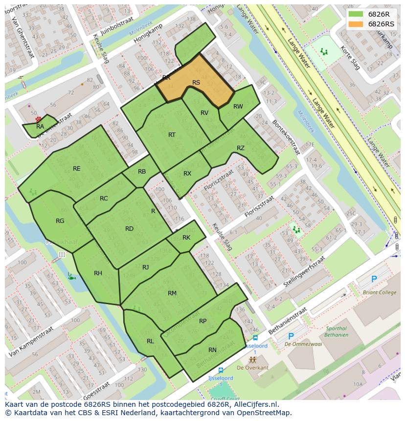 Afbeelding van het postcodegebied 6826 RS op de kaart.