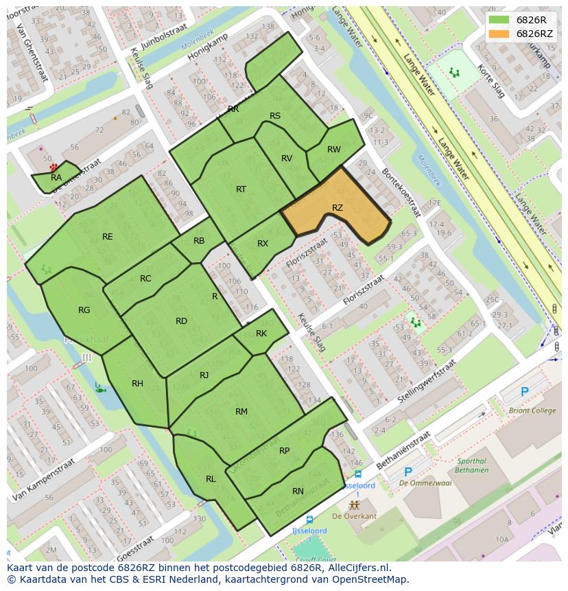 Afbeelding van het postcodegebied 6826 RZ op de kaart.