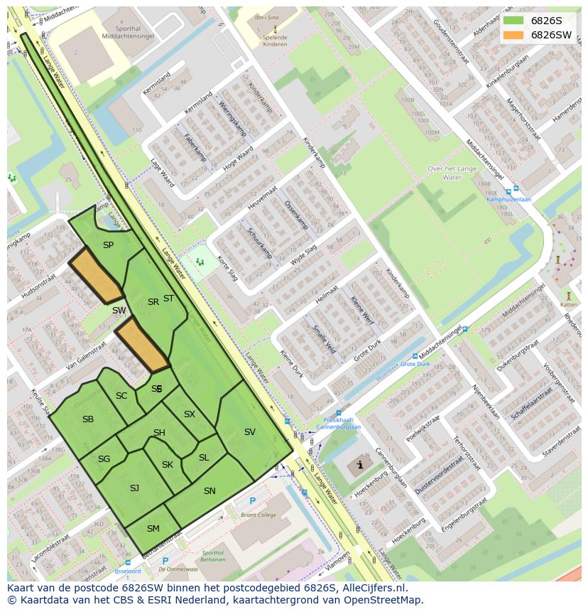 Afbeelding van het postcodegebied 6826 SW op de kaart.