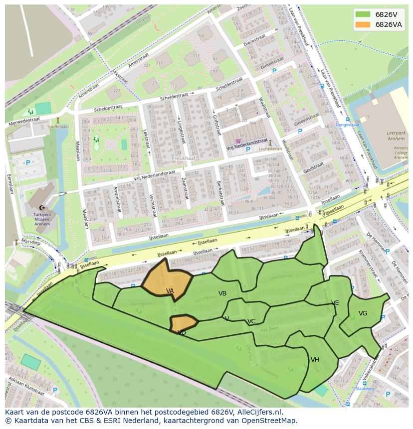 Afbeelding van het postcodegebied 6826 VA op de kaart.