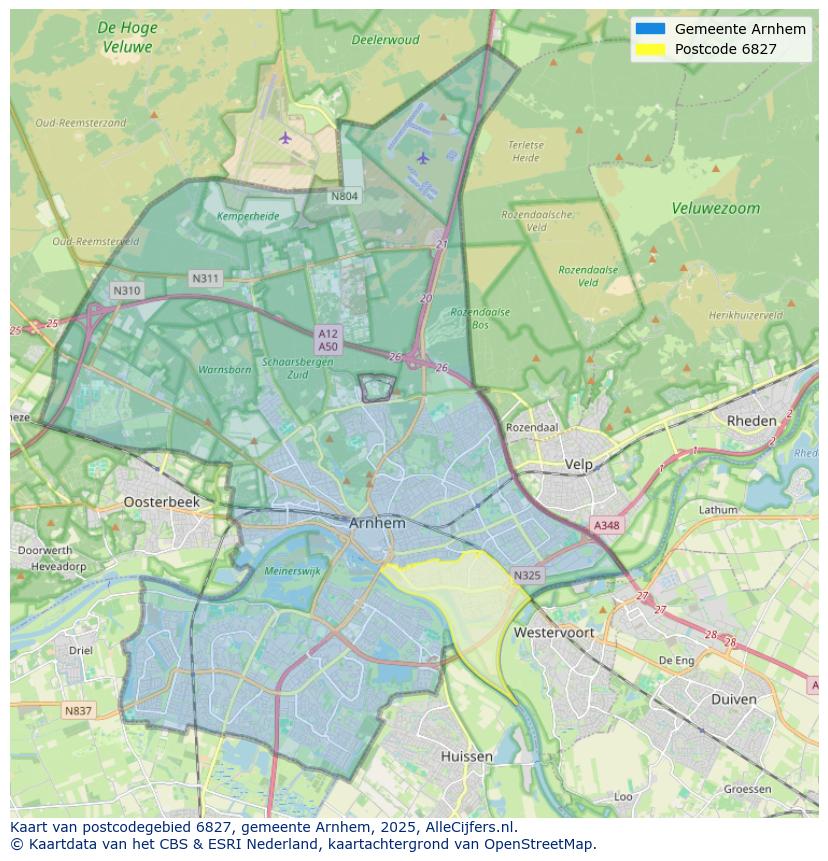 Afbeelding van het postcodegebied 6827 op de kaart.