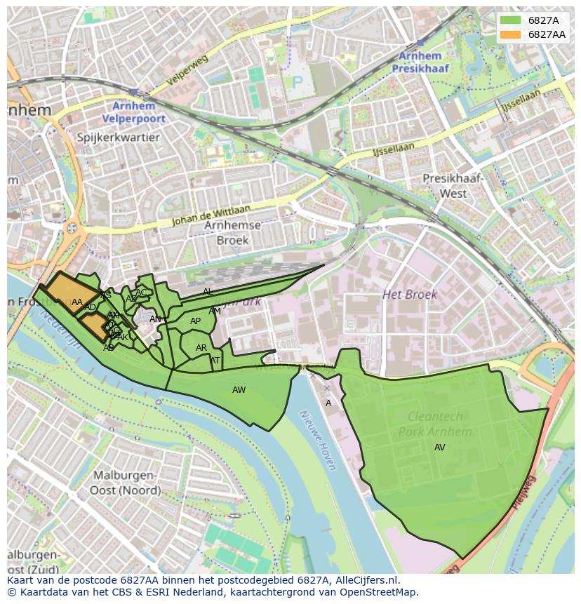 Afbeelding van het postcodegebied 6827 AA op de kaart.
