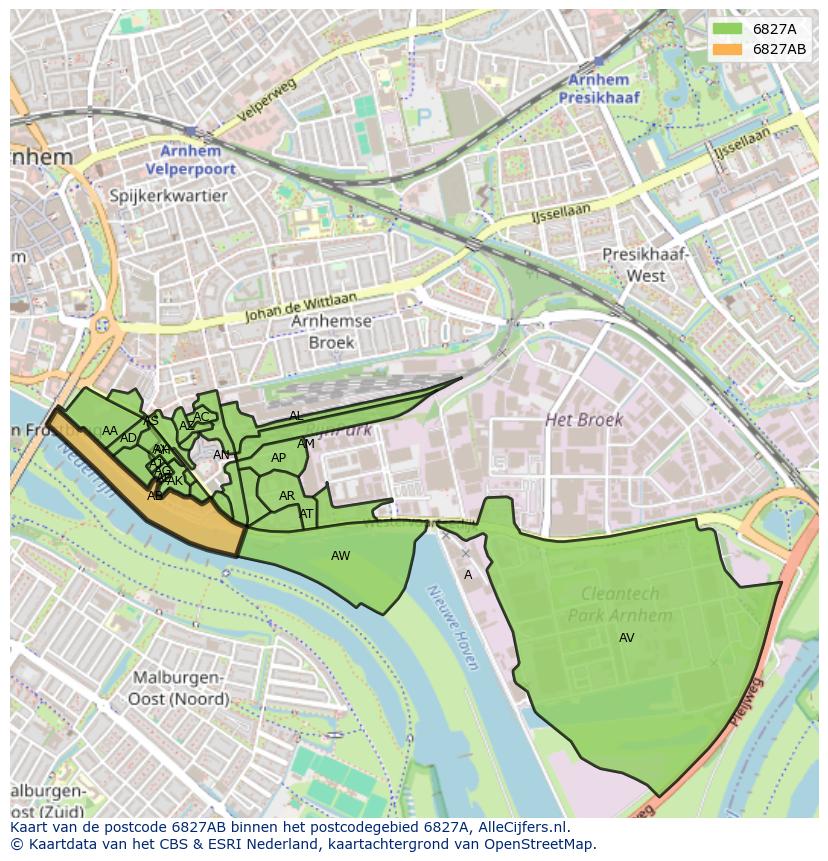 Afbeelding van het postcodegebied 6827 AB op de kaart.