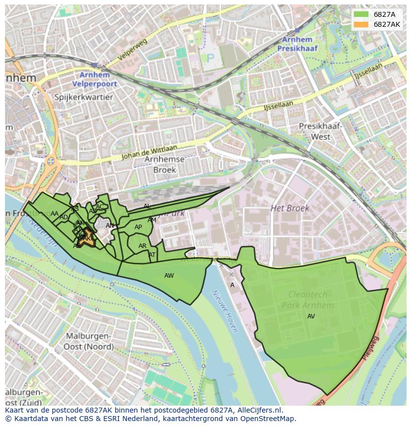 Afbeelding van het postcodegebied 6827 AK op de kaart.