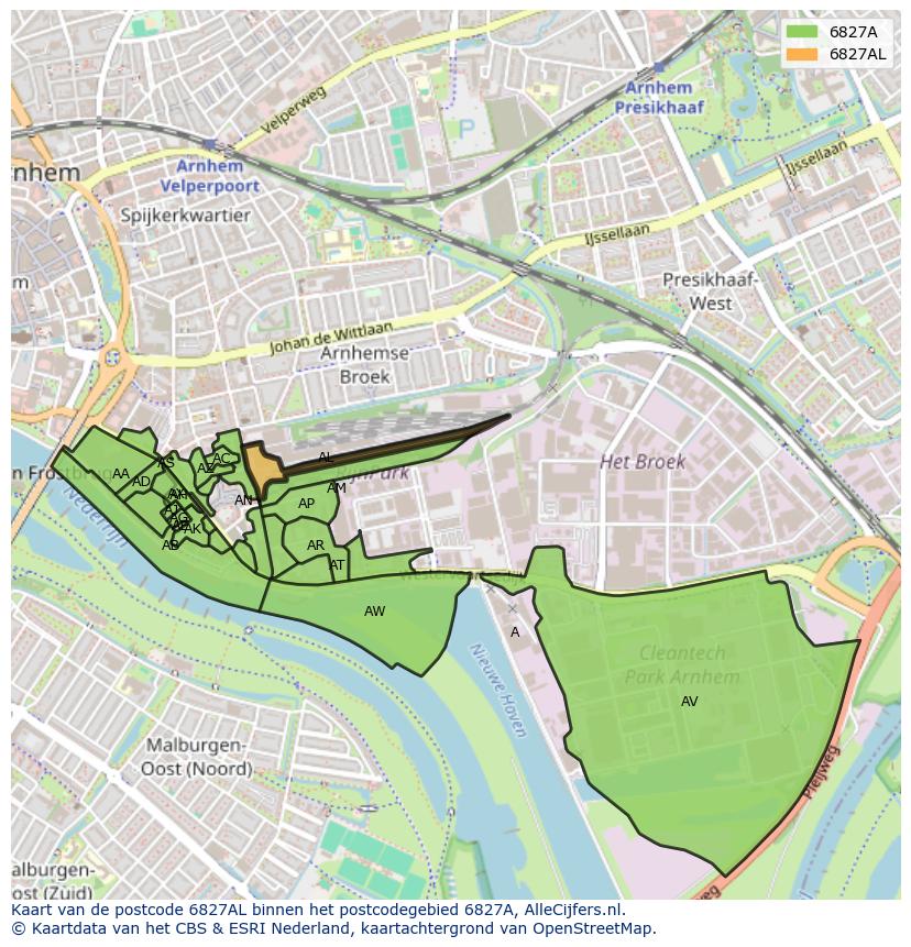 Afbeelding van het postcodegebied 6827 AL op de kaart.
