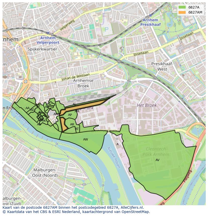 Afbeelding van het postcodegebied 6827 AM op de kaart.