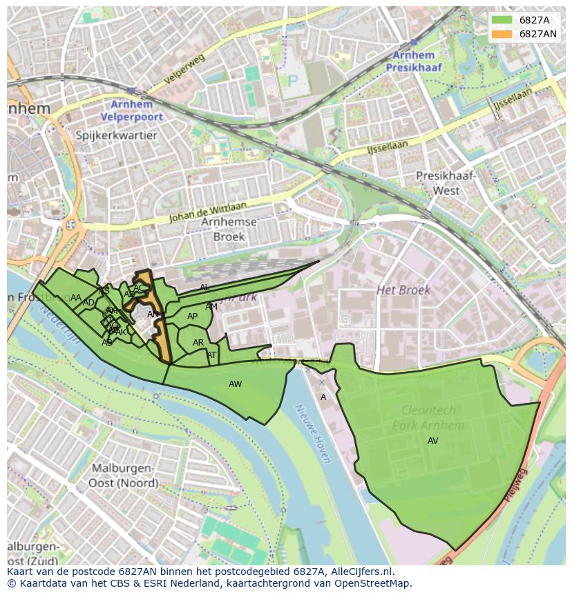 Afbeelding van het postcodegebied 6827 AN op de kaart.
