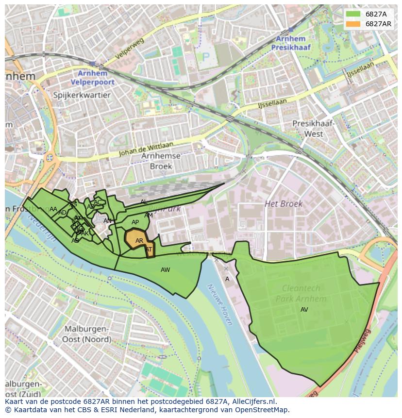 Afbeelding van het postcodegebied 6827 AR op de kaart.