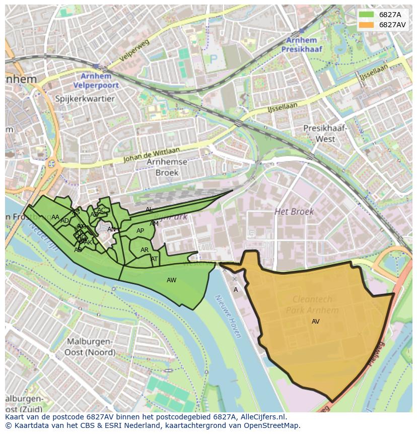 Afbeelding van het postcodegebied 6827 AV op de kaart.