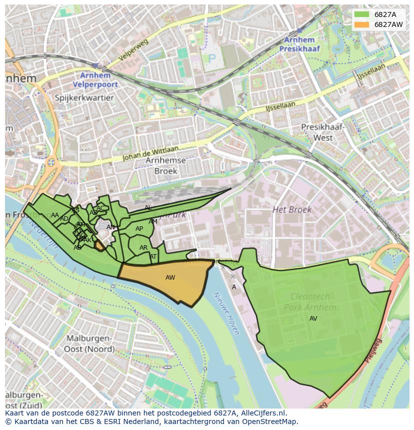 Afbeelding van het postcodegebied 6827 AW op de kaart.