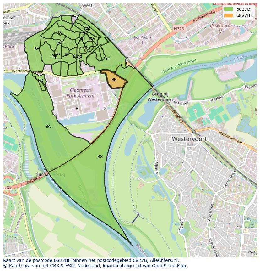 Afbeelding van het postcodegebied 6827 BE op de kaart.
