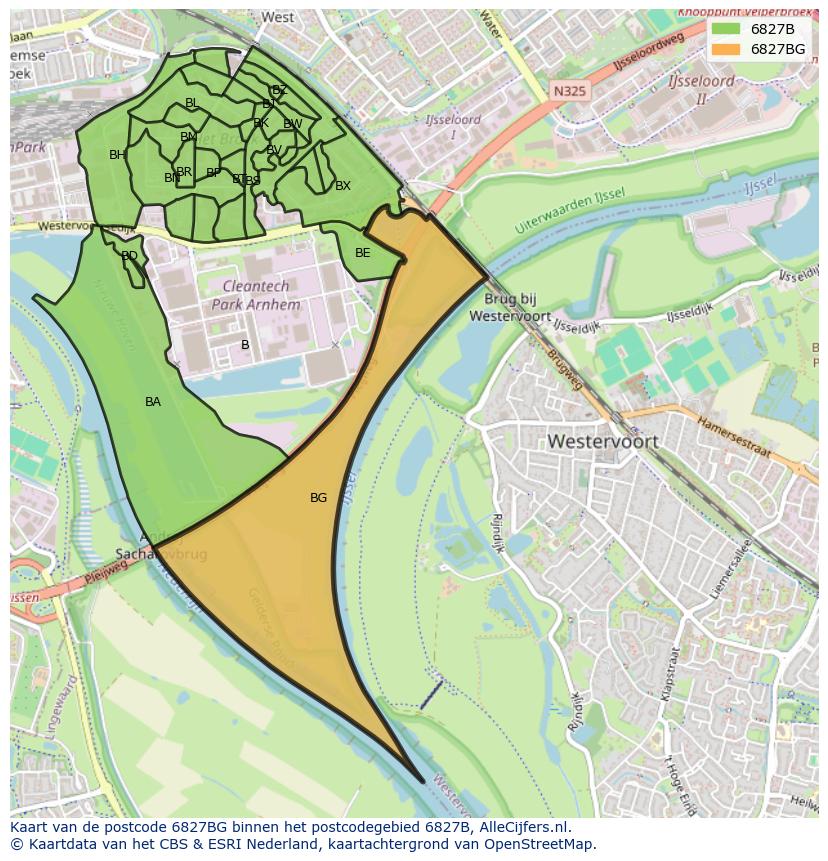Afbeelding van het postcodegebied 6827 BG op de kaart.