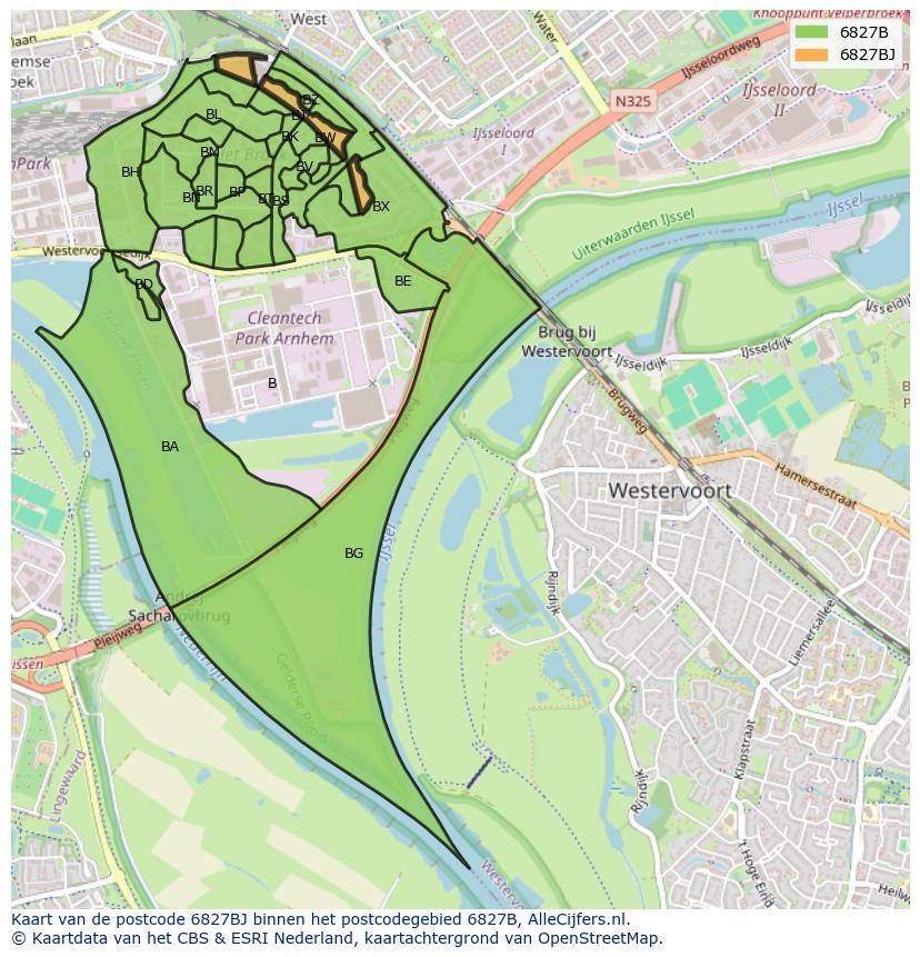 Afbeelding van het postcodegebied 6827 BJ op de kaart.