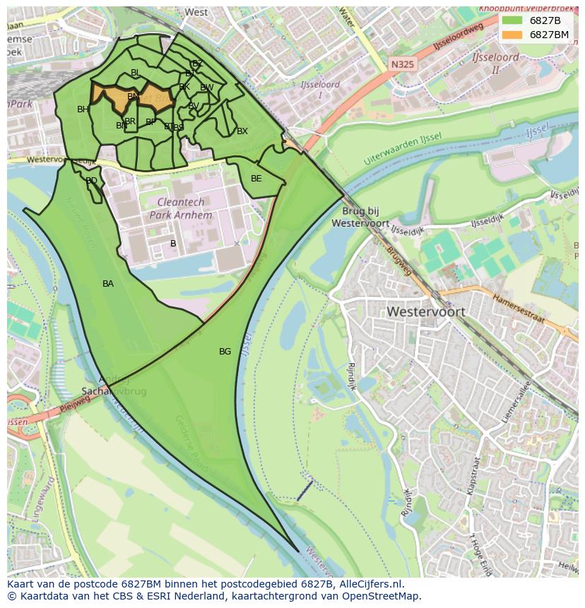 Afbeelding van het postcodegebied 6827 BM op de kaart.