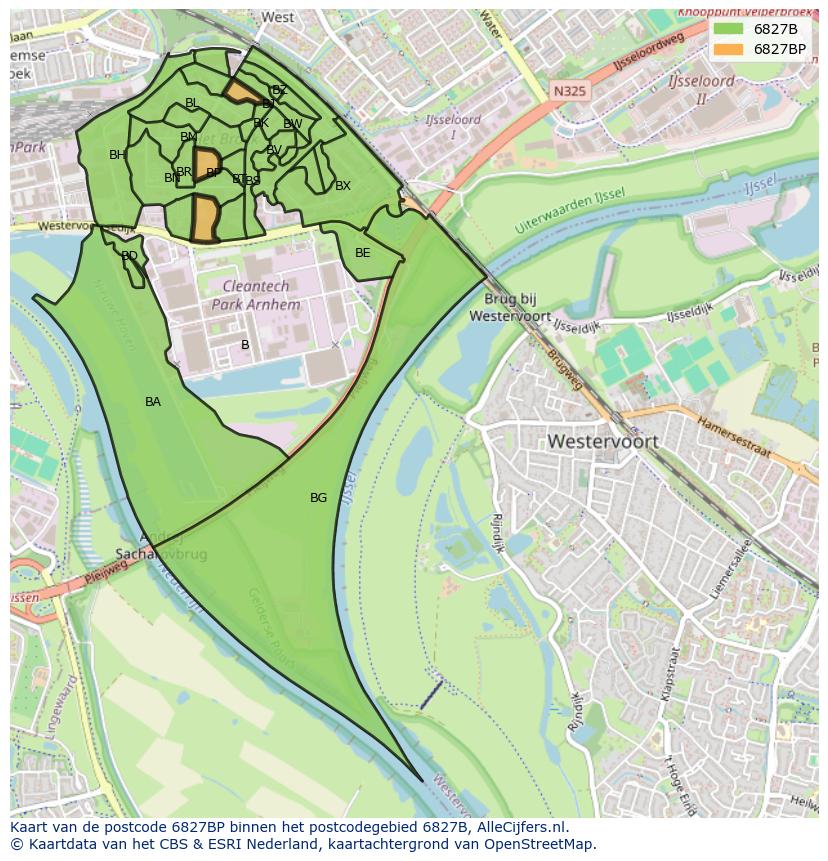 Afbeelding van het postcodegebied 6827 BP op de kaart.