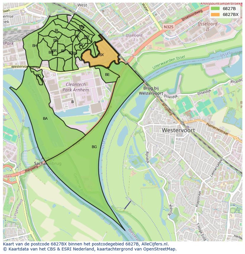 Afbeelding van het postcodegebied 6827 BX op de kaart.