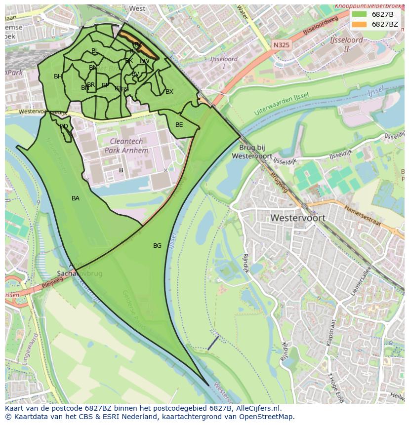 Afbeelding van het postcodegebied 6827 BZ op de kaart.