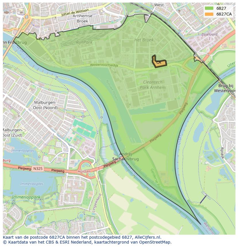 Afbeelding van het postcodegebied 6827 CA op de kaart.