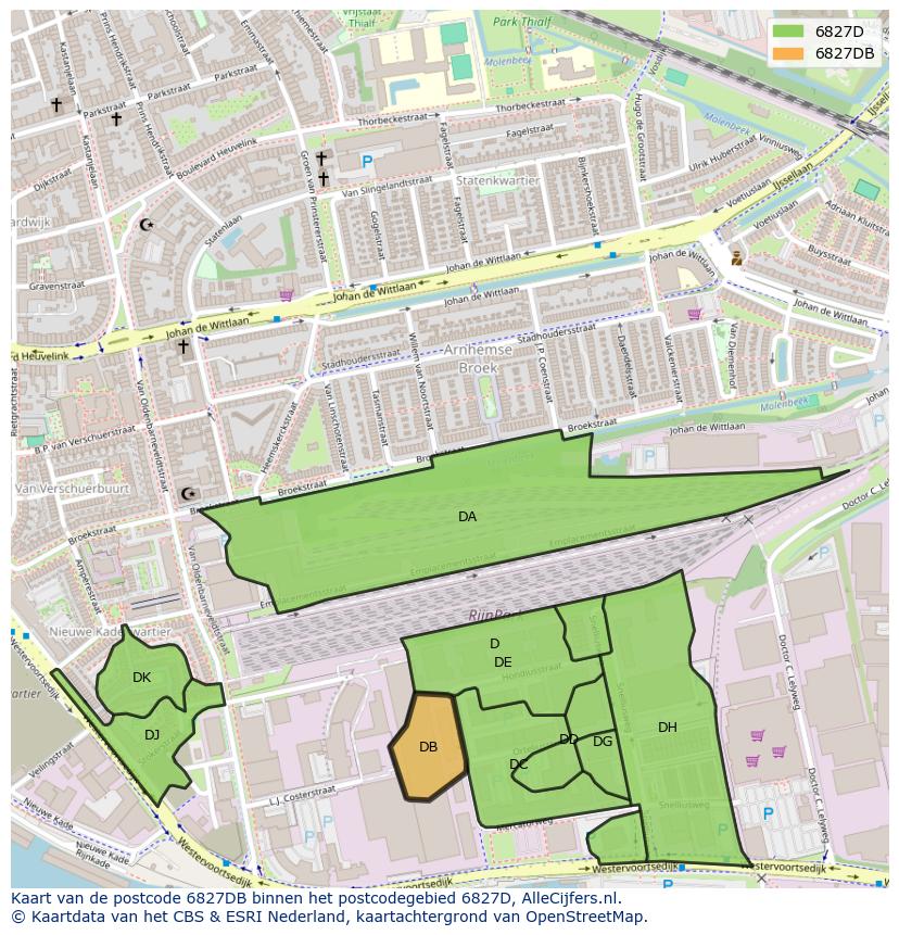 Afbeelding van het postcodegebied 6827 DB op de kaart.