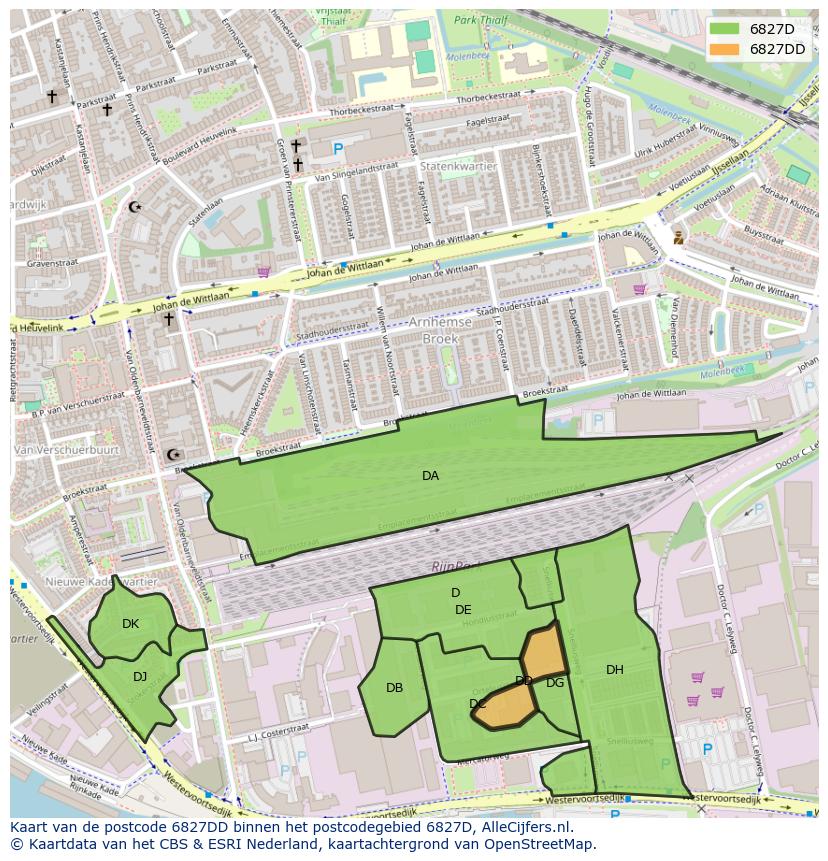 Afbeelding van het postcodegebied 6827 DD op de kaart.