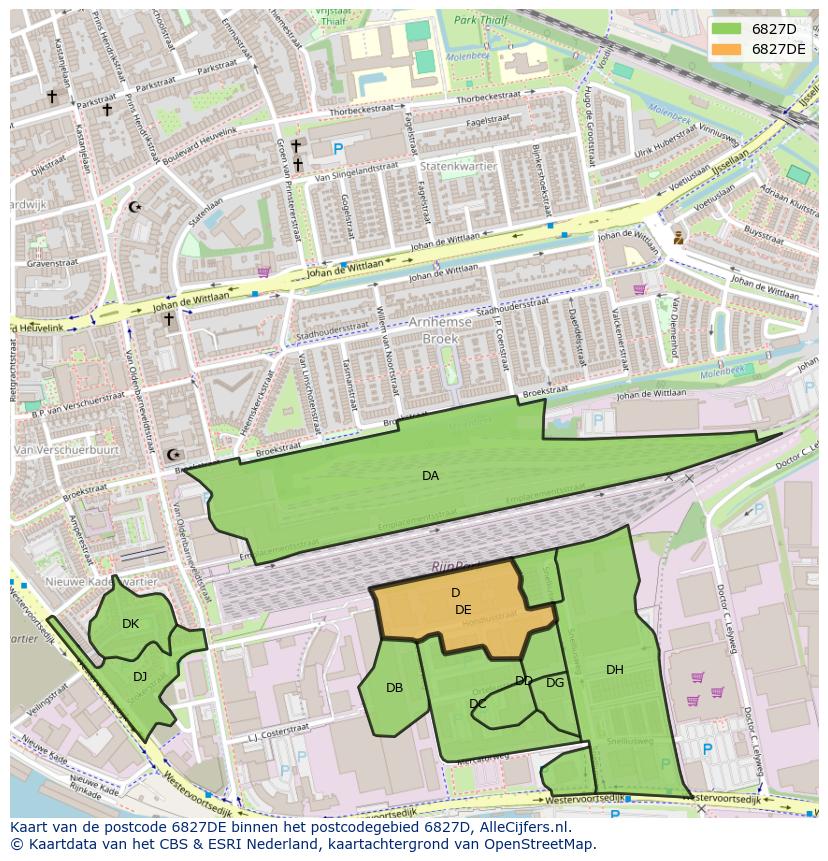 Afbeelding van het postcodegebied 6827 DE op de kaart.
