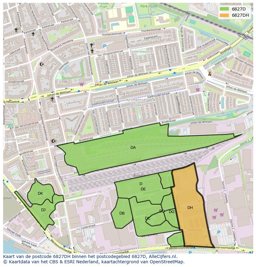 Afbeelding van het postcodegebied 6827 DH op de kaart.