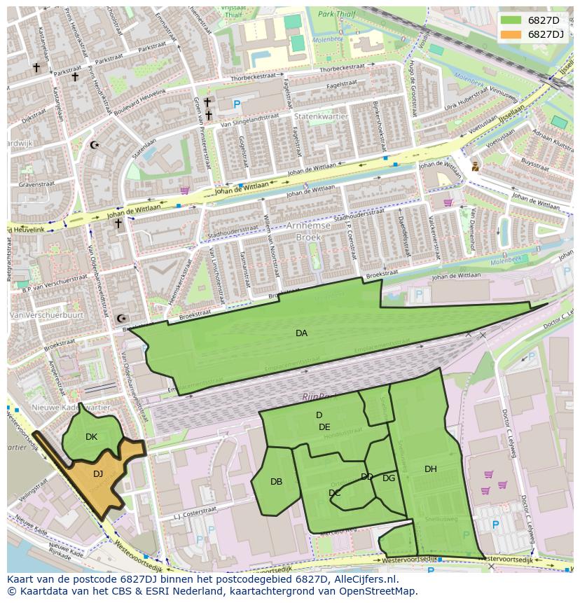 Afbeelding van het postcodegebied 6827 DJ op de kaart.
