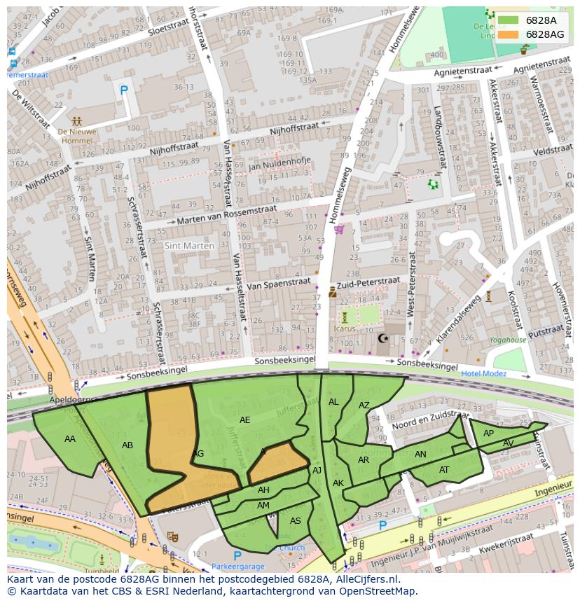 Afbeelding van het postcodegebied 6828 AG op de kaart.
