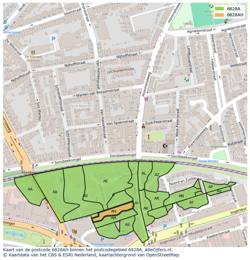 Afbeelding van het postcodegebied 6828 AH op de kaart.