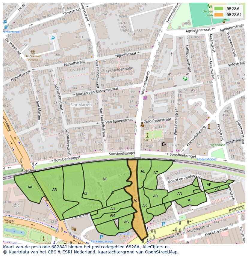 Afbeelding van het postcodegebied 6828 AJ op de kaart.