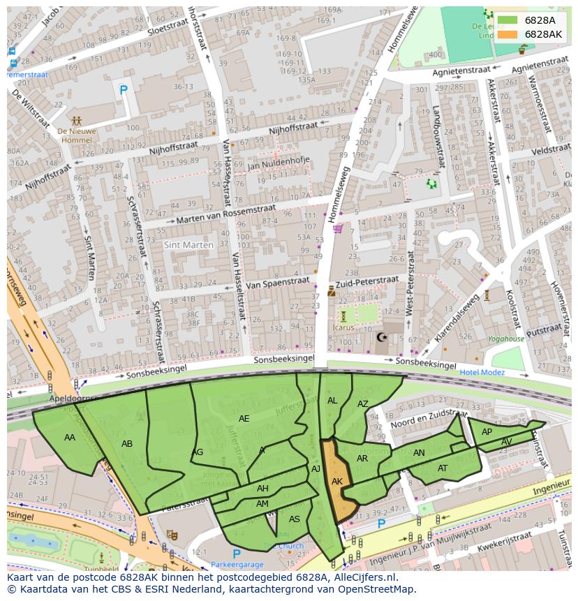 Afbeelding van het postcodegebied 6828 AK op de kaart.
