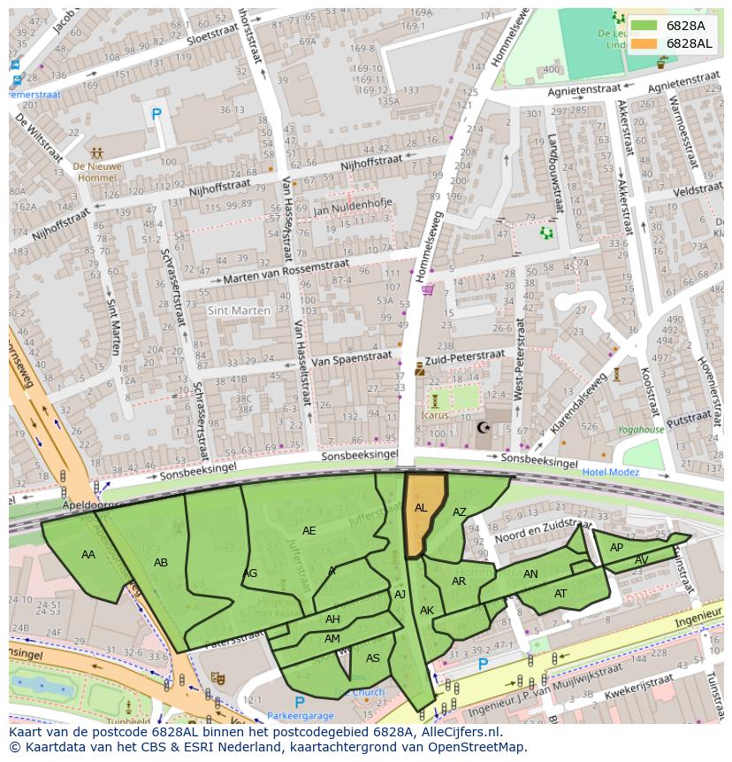 Afbeelding van het postcodegebied 6828 AL op de kaart.