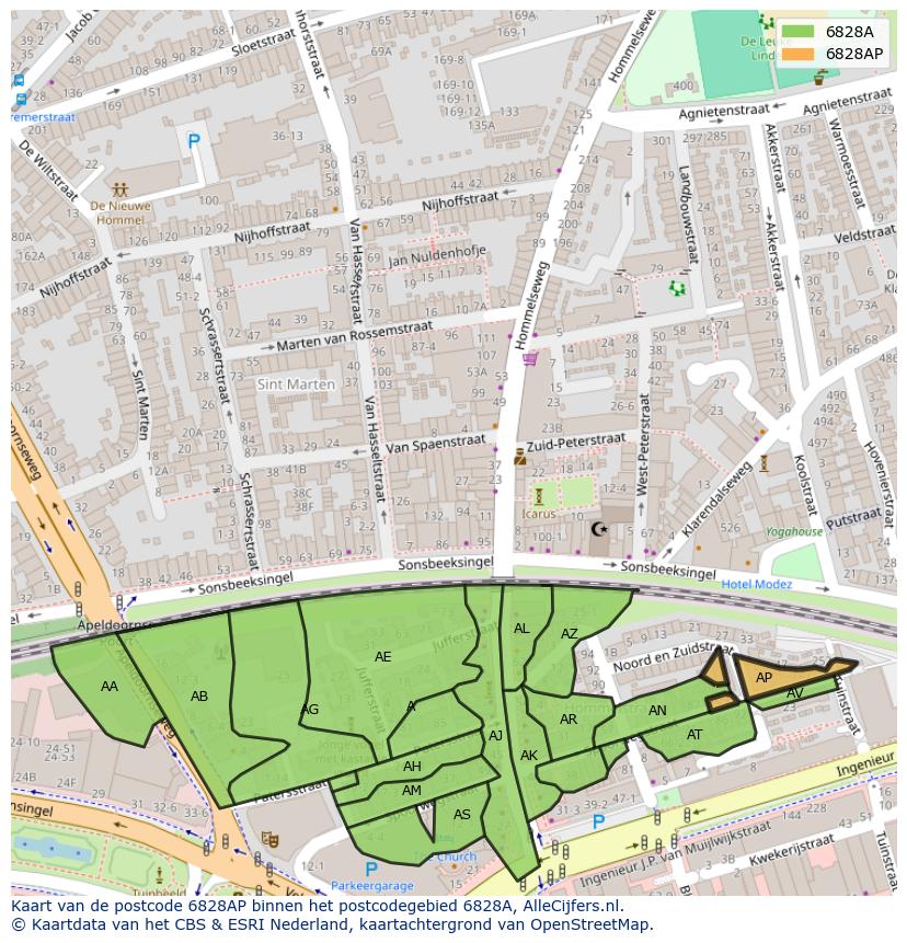 Afbeelding van het postcodegebied 6828 AP op de kaart.