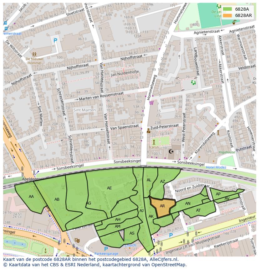 Afbeelding van het postcodegebied 6828 AR op de kaart.