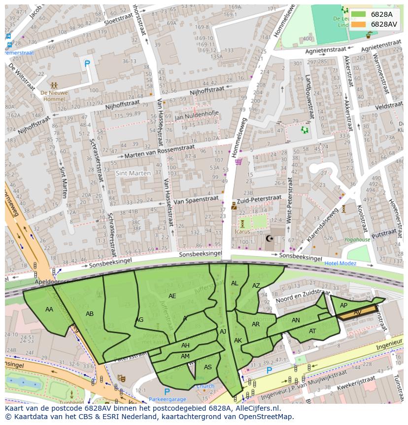 Afbeelding van het postcodegebied 6828 AV op de kaart.