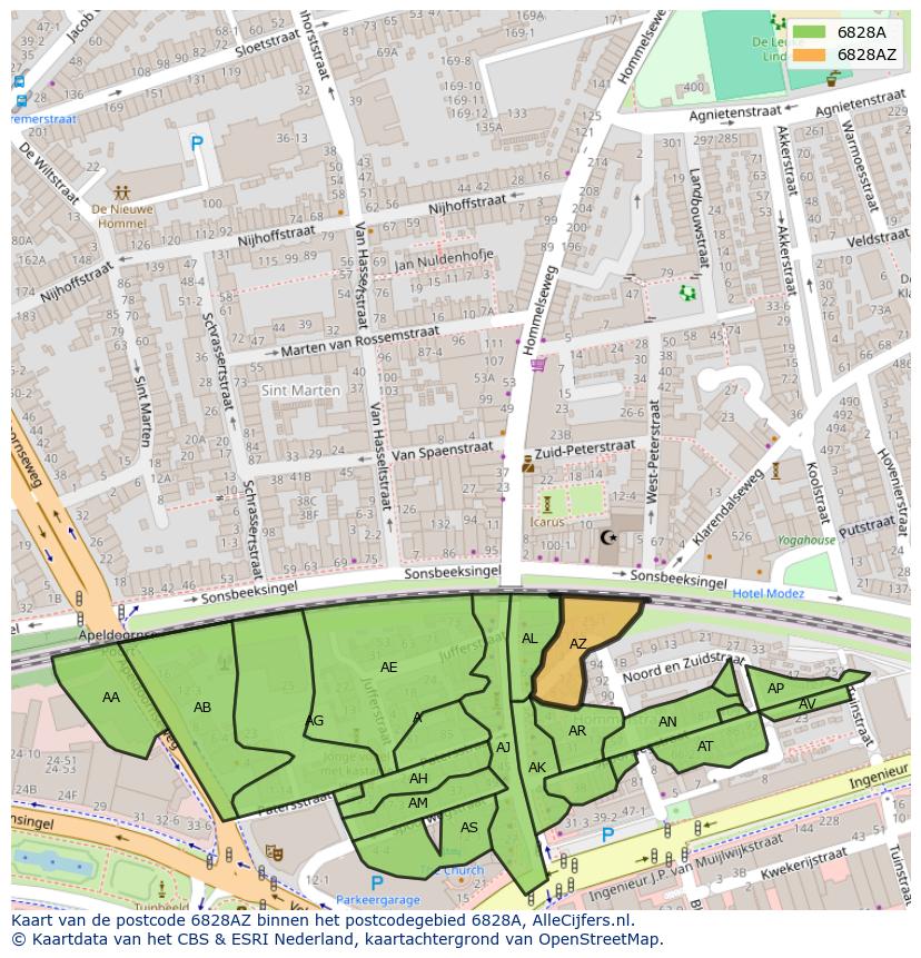 Afbeelding van het postcodegebied 6828 AZ op de kaart.