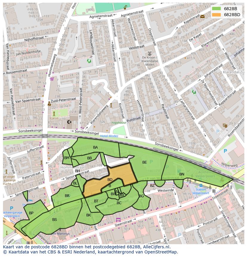 Afbeelding van het postcodegebied 6828 BD op de kaart.
