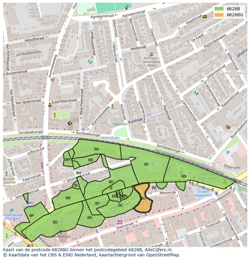 Afbeelding van het postcodegebied 6828 BG op de kaart.