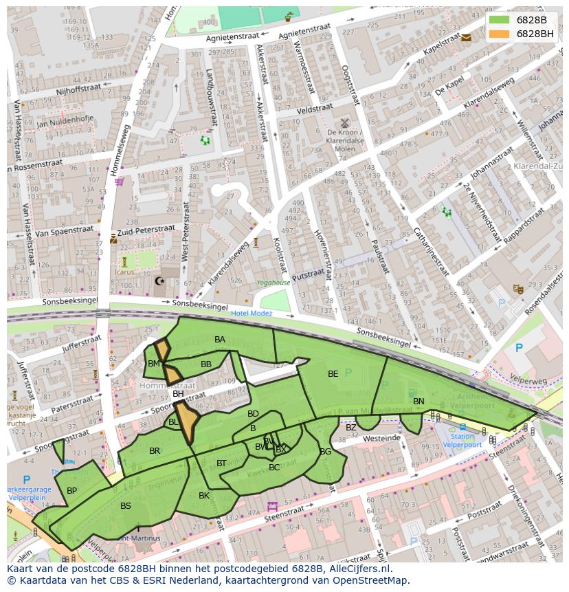 Afbeelding van het postcodegebied 6828 BH op de kaart.