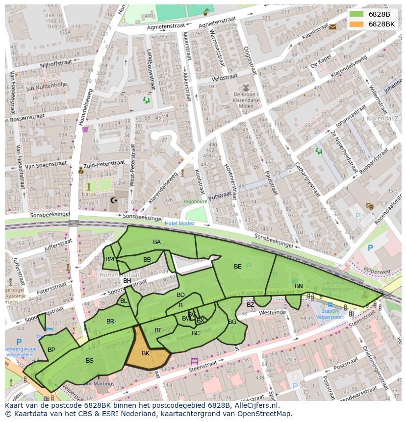 Afbeelding van het postcodegebied 6828 BK op de kaart.