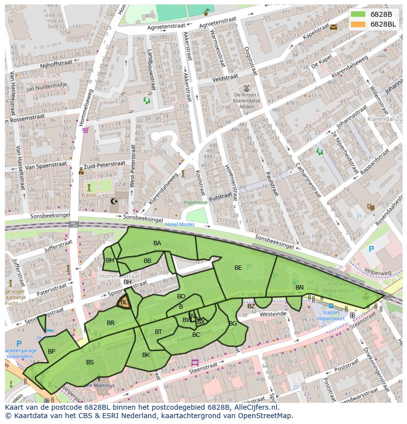Afbeelding van het postcodegebied 6828 BL op de kaart.